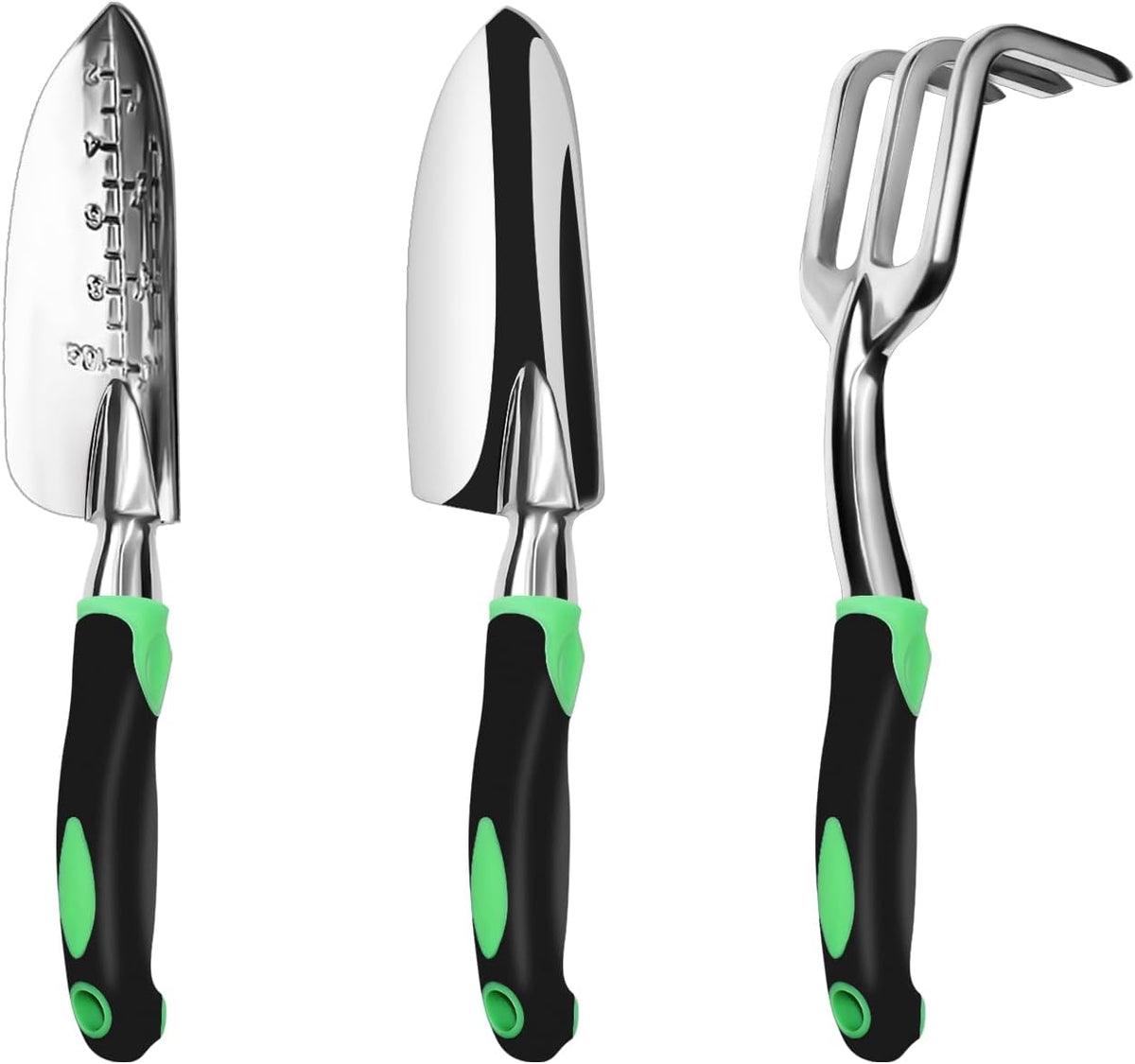 3 Pack Aluminum Heavy Duty Gardening Kit Includes Hand Trowel, Transplant Trowel and Cultivator Hand Rake with Soft Rubberized Non-Slip Ergonomic Handle, Garden Gifts