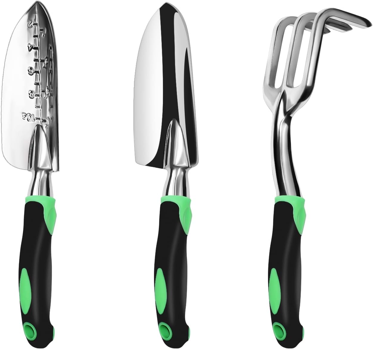 3 Pack Aluminum Heavy Duty Gardening Kit Includes Hand Trowel, Transplant Trowel and Cultivator Hand Rake with Soft Rubberized Non-Slip Ergonomic Handle, Garden Gifts