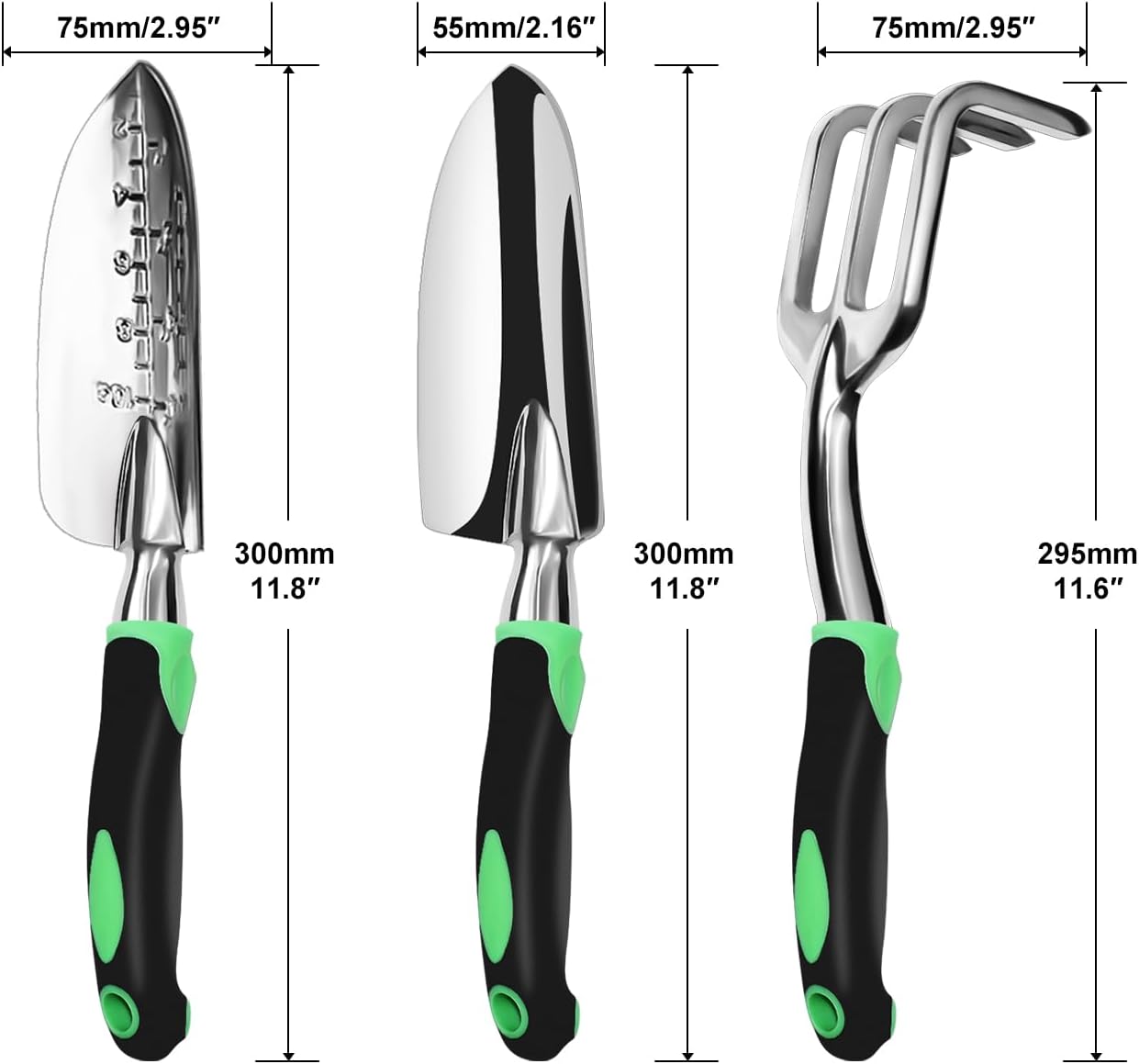3 Pack Aluminum Heavy Duty Gardening Kit Includes Hand Trowel, Transplant Trowel and Cultivator Hand Rake with Soft Rubberized Non-Slip Ergonomic Handle, Garden Gifts