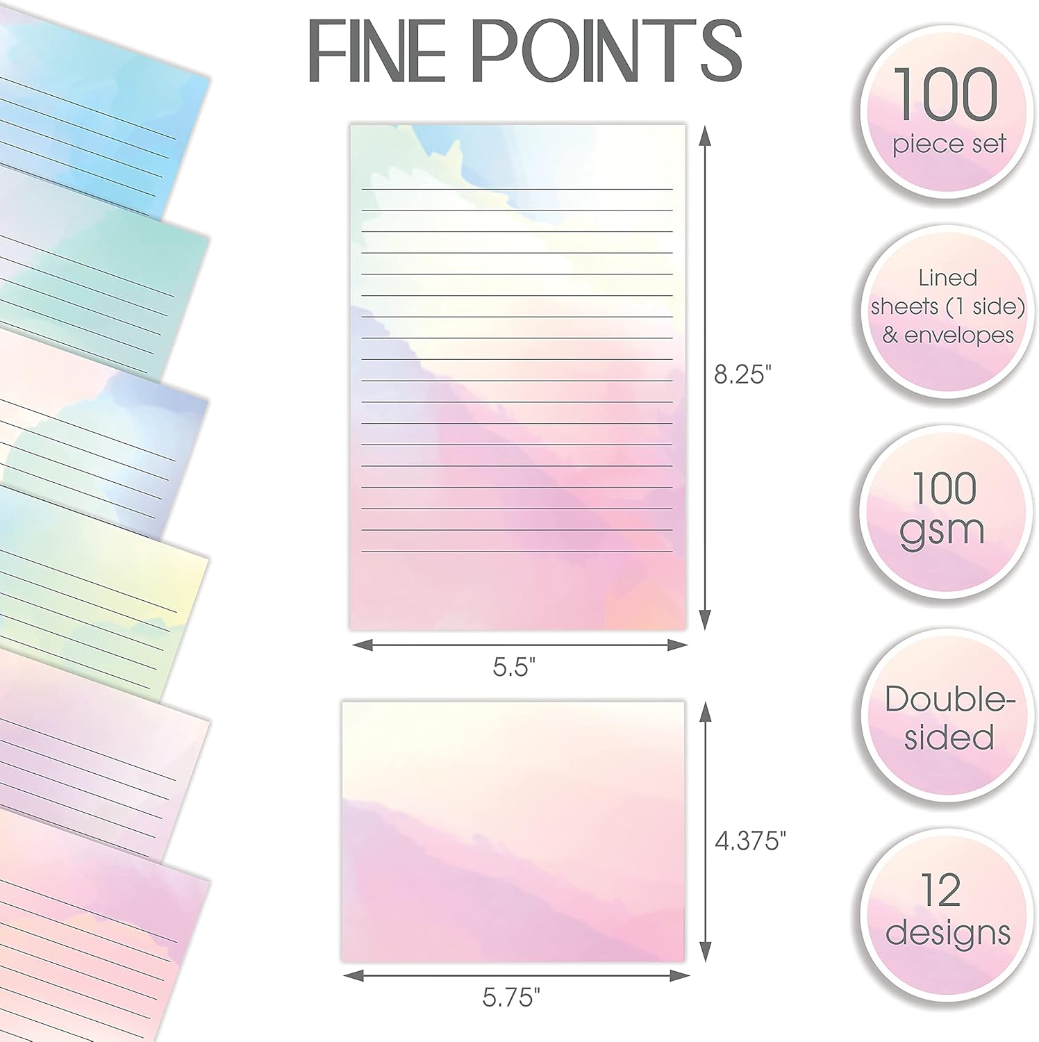 Mini Stationery Set, 100 Piece Set (50 Lined Watercolor Sheets + 50 Matching Envelopes), 5.5 x 8.25 inch, 12 Unique Designs, Double Sided Printing, One Side Lined Paper