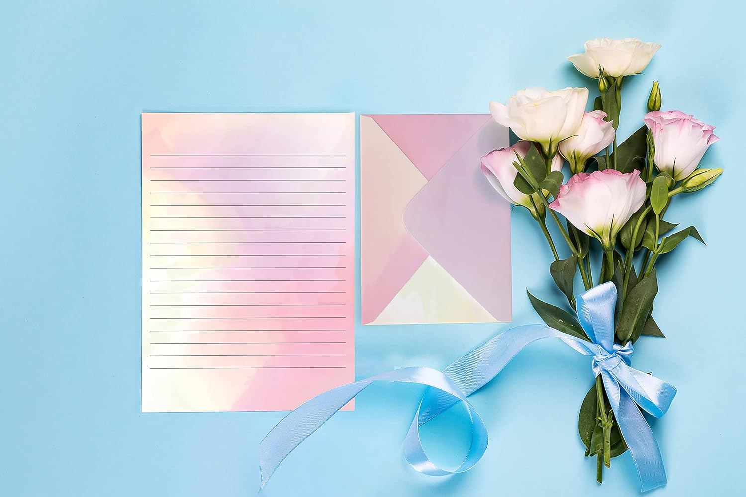 Mini Stationery Set, 100 Piece Set (50 Lined Watercolor Sheets + 50 Matching Envelopes), 5.5 x 8.25 inch, 12 Unique Designs, Double Sided Printing, One Side Lined Paper