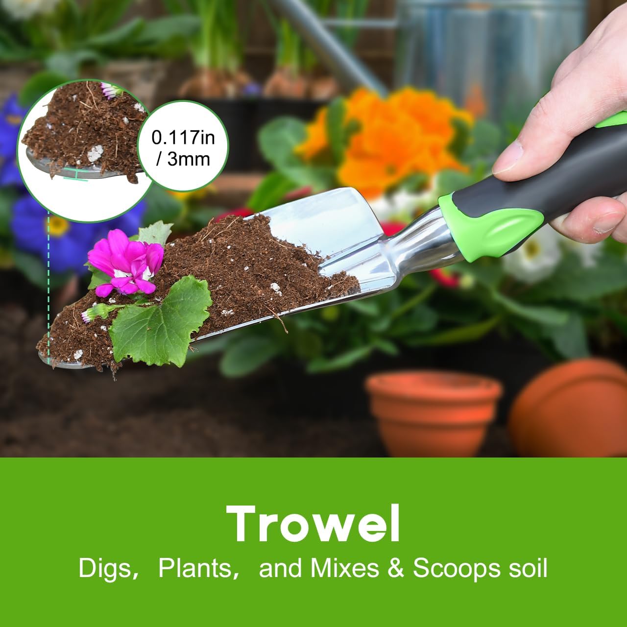 3 Pack Aluminum Heavy Duty Gardening Kit Includes Hand Trowel, Transplant Trowel and Cultivator Hand Rake with Soft Rubberized Non-Slip Ergonomic Handle, Garden Gifts