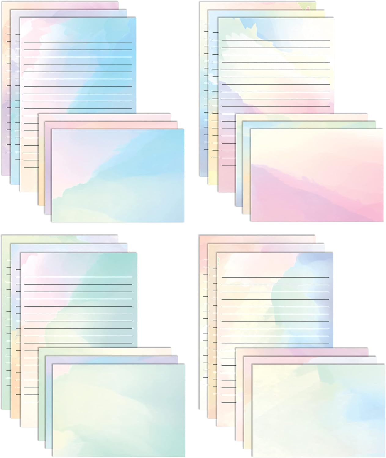 Mini Stationery Set, 100 Piece Set (50 Lined Watercolor Sheets + 50 Matching Envelopes), 5.5 x 8.25 inch, 12 Unique Designs, Double Sided Printing, One Side Lined Paper