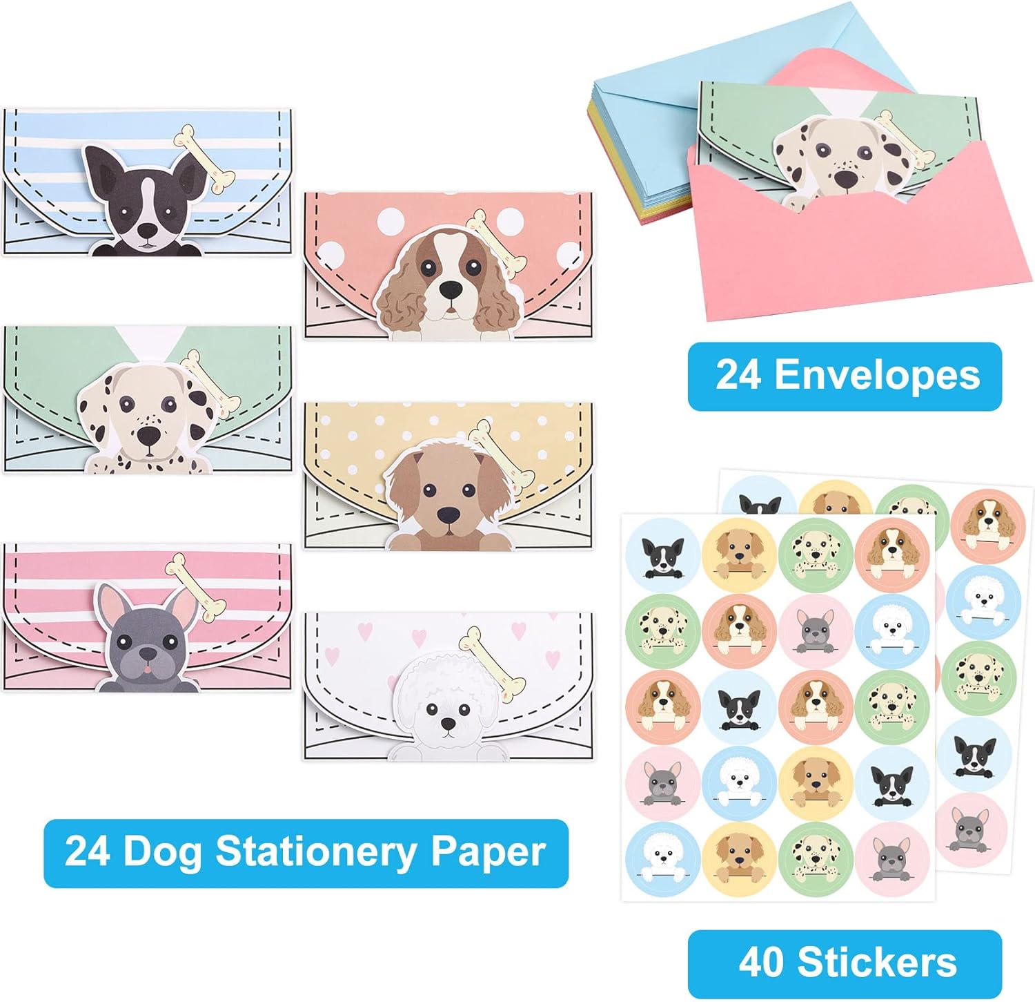 24 Pcs Letter Writing Stationery Paper Set Dog Design Greeting Cards with Envelopes for Kids Classroom Birthday Party
