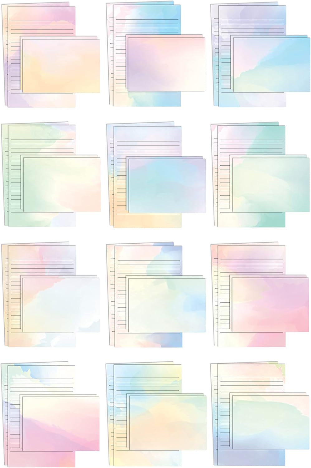 Mini Stationery Set, 100 Piece Set (50 Lined Watercolor Sheets + 50 Matching Envelopes), 5.5 x 8.25 inch, 12 Unique Designs, Double Sided Printing, One Side Lined Paper