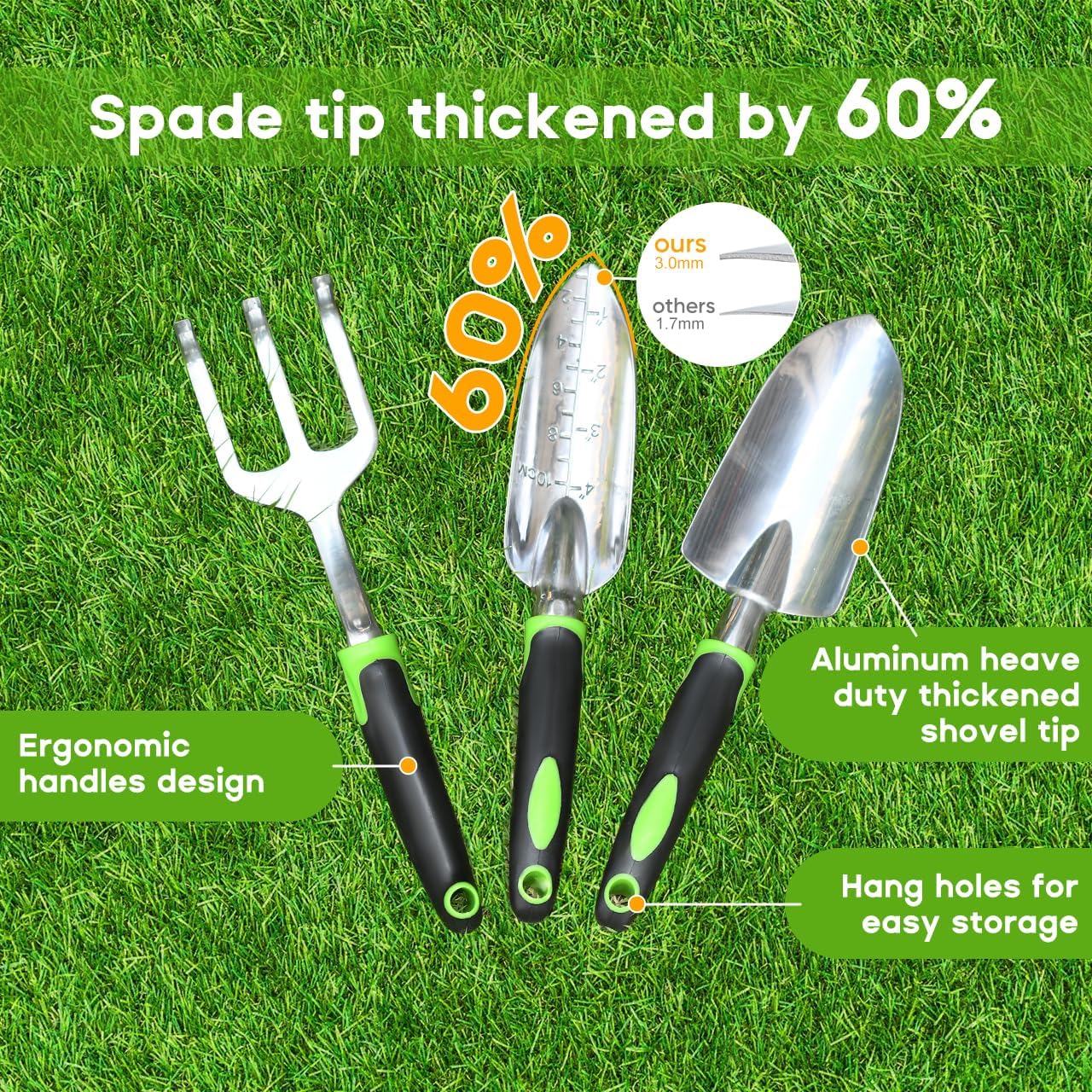3 Pack Aluminum Heavy Duty Gardening Kit Includes Hand Trowel, Transplant Trowel and Cultivator Hand Rake with Soft Rubberized Non-Slip Ergonomic Handle, Garden Gifts