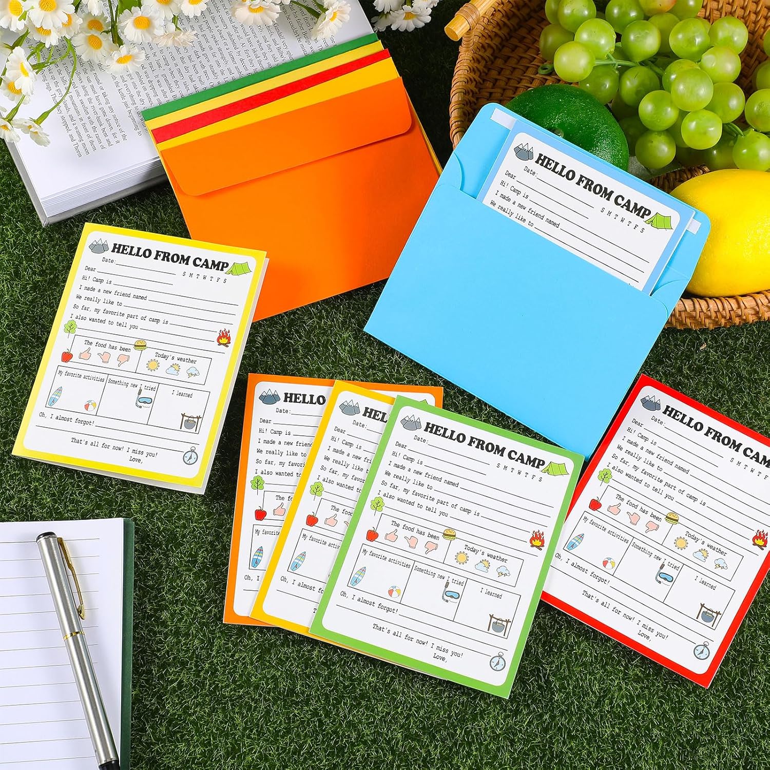 12 Set Funny Camp Greeting Cards with Envelopes Adventure Flat Cards for Travel Camping Trip Outdoor Activities